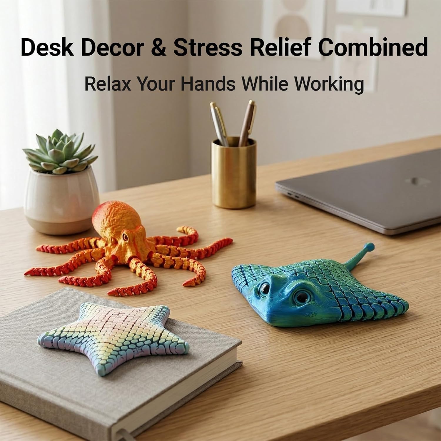 3 Pcs 3D Printed Articulated Fidget Toys – Octopus, Ray & Starfish Flexible Desk Decor, Posable Sea Creature Figures, Handheld Stress Relief Objects for Office Workspace
