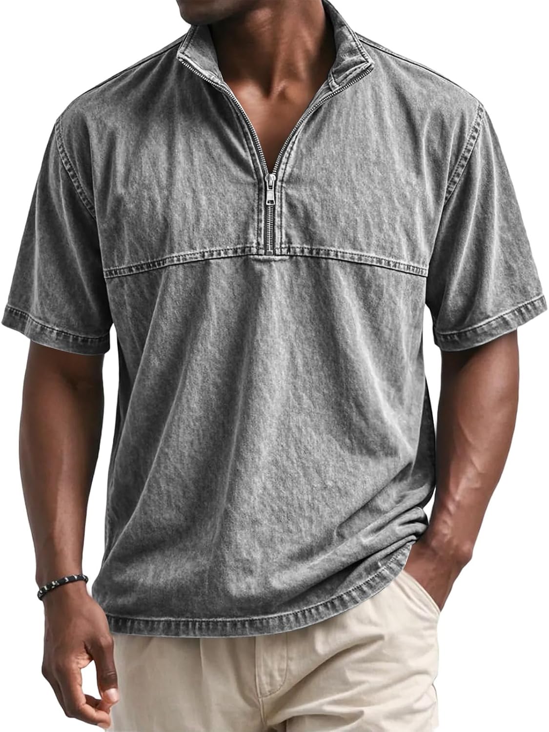 Men's Short Sleeved Shirts Button Down with 4/1 Zipper Collar Casual and Loose Fit for Summer Vacation Shirts