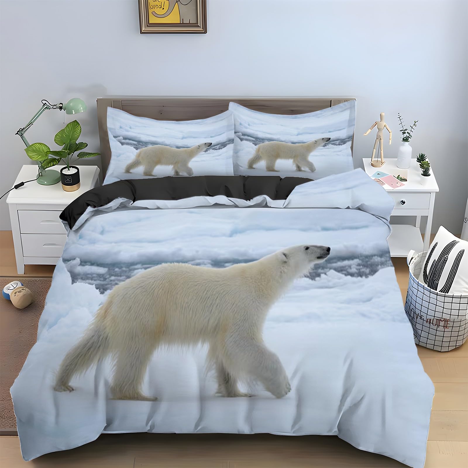 Housse de couette 240x260 ours polaire en microfbre douce avec deux taies d'oreiller
