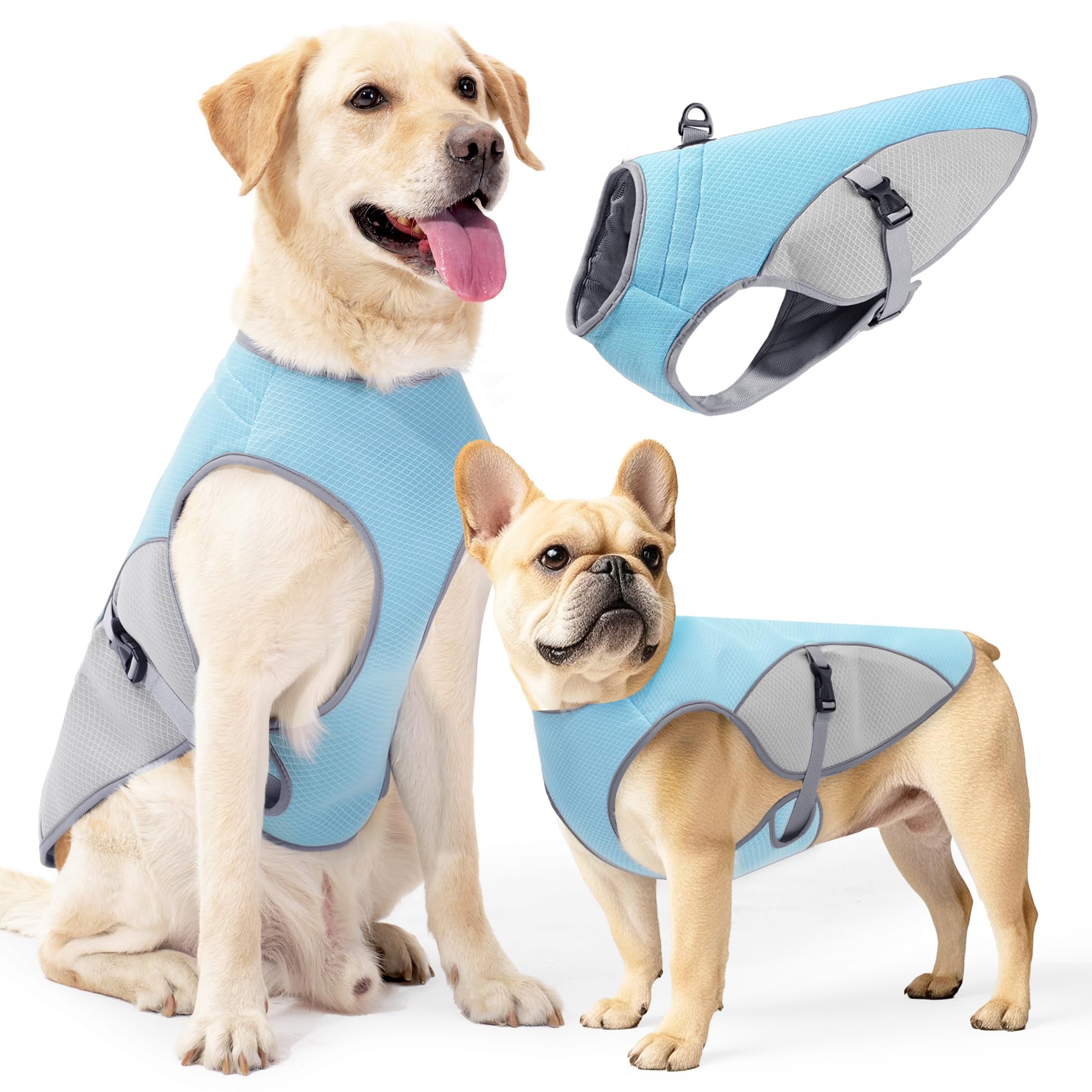 Duuclume Dog Cooling Vest,Lightweight Jacket with 3-Layer Cooling Technology,Breathable Mesh Coat with Adjustable Straps & Reflective Strips for Small to Large Dogs(Blue with Grey, L)