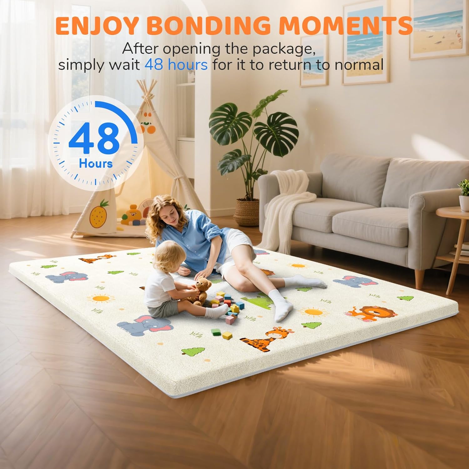 Thick Baby Play Mat for Floor - 71x79 Inch Ultra Soft Playpen Mattress with Animal Print & Removable Coral Fleece Cover - Non Slip Padded Crawling Rug for Toddlers, Infants, Babies - Beige