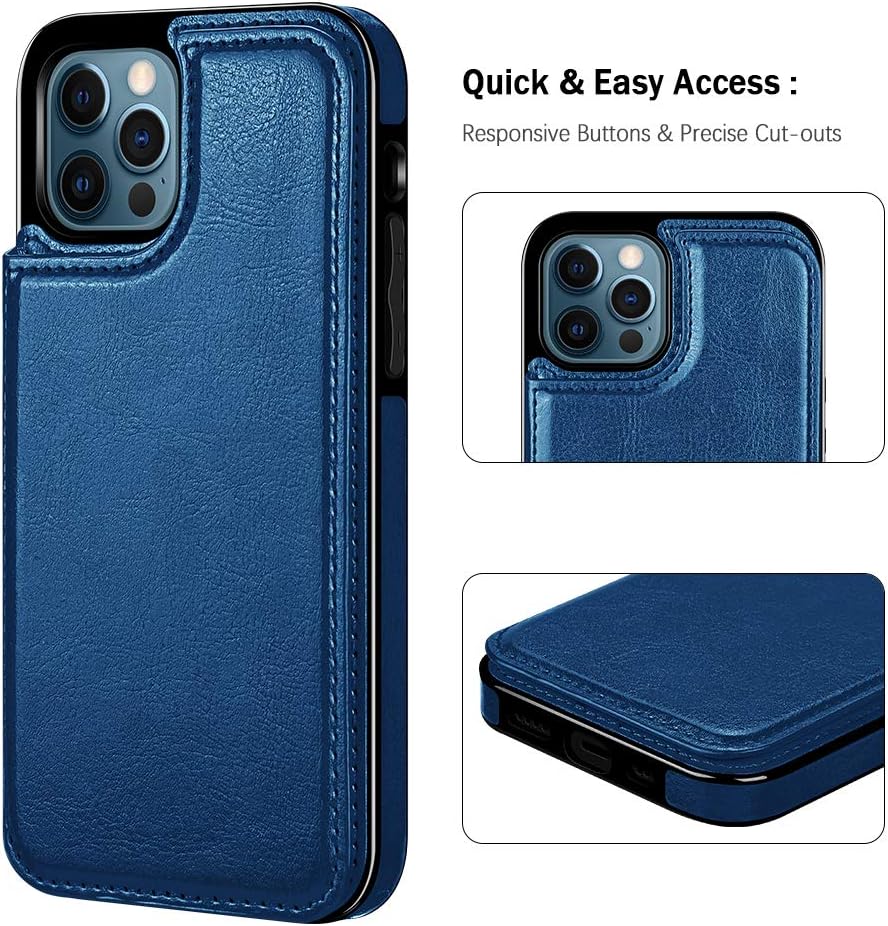iPhone 12 Pro Case Wallet 3 Credit Cards Slot iPhone 12 Cases Cash Pocket Magnetic Closure PU Leather Cover ID Card Holder Soft TPU Bumper Folio Flip Phone Case for iPhone 12/12 Pro 6.1'' Blue