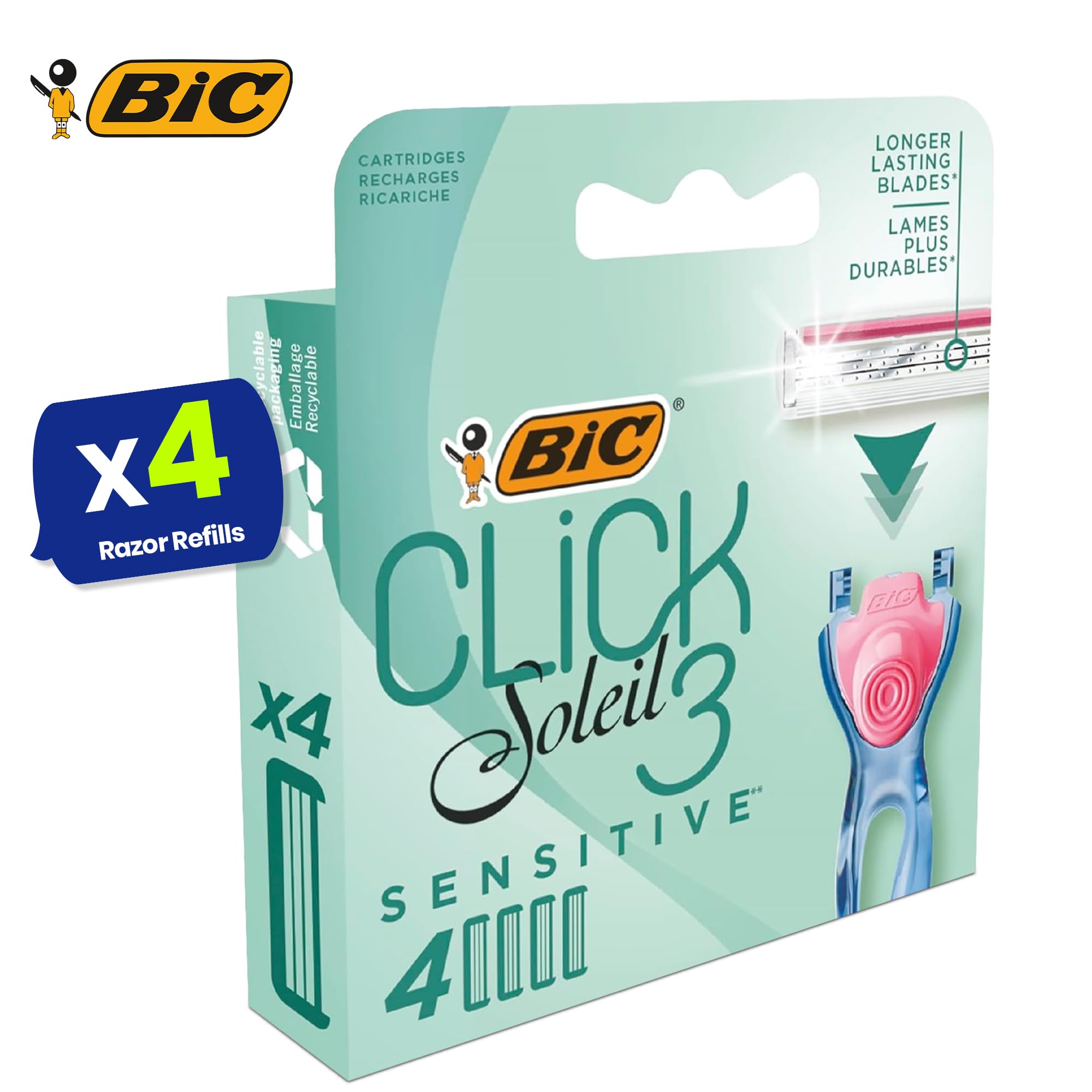 BIC Click 3 Soleil Sensitive damski wkład do maszynki do golenia, 4 wkłady, plastikowy wkład do maszynki do golenia z 3 ostrzami, paski smarujące z aloesem i witaminą E do gładkiego golenia (10 sztuk)
