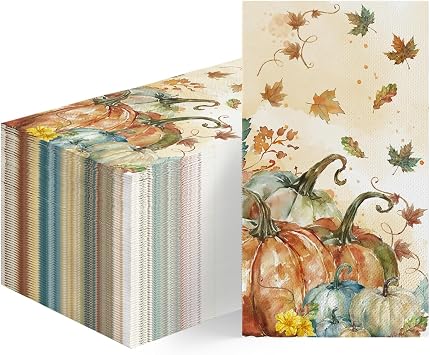 Horaldaily 100Pcs Fall Paper Napkins, Harvest Orange Blue Pumpkin Leaves