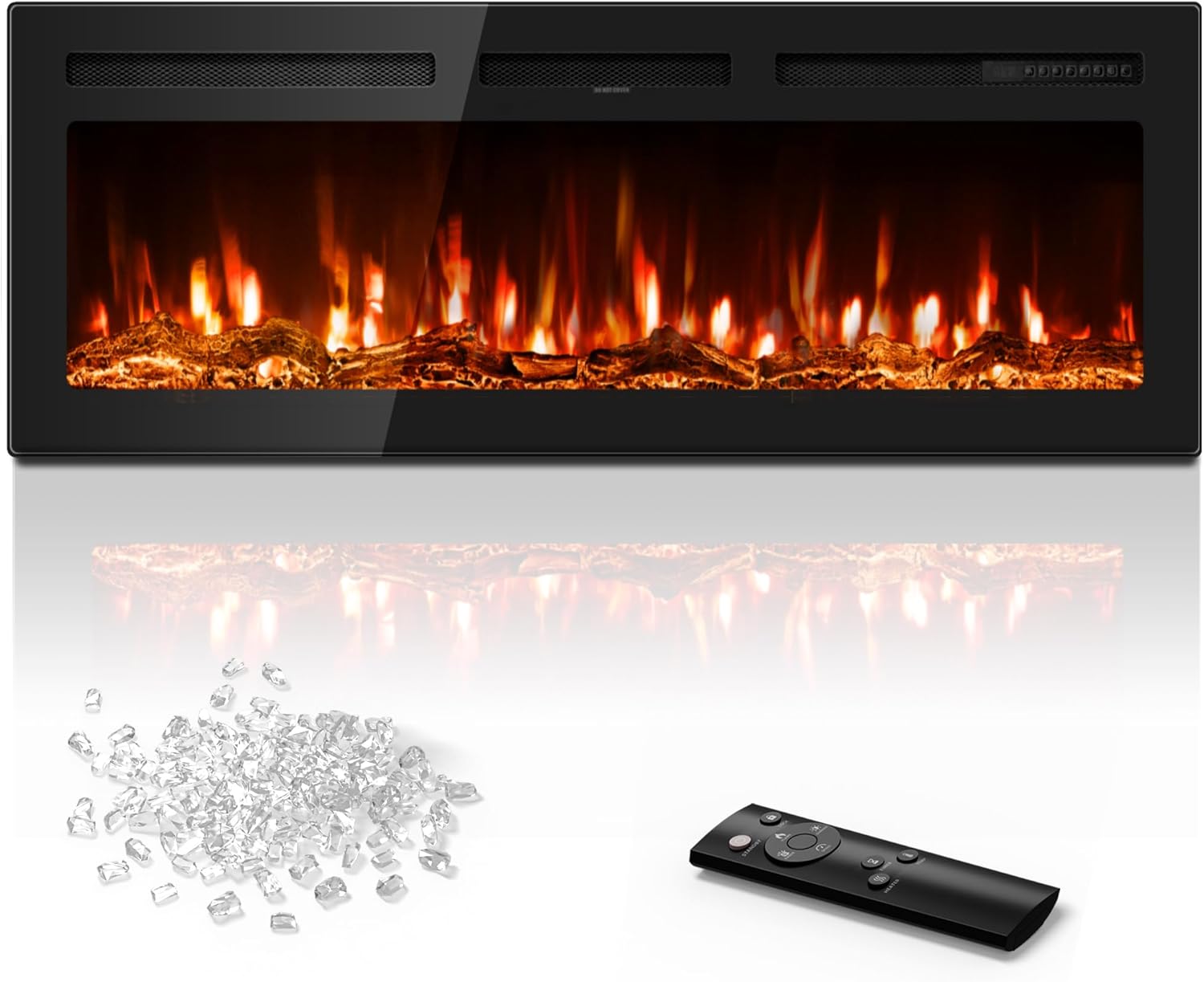 Manastin 50 inch Electric Fireplace in-Wall Recessed and Wall Mounted with Remote Control, 1500/750W Fireplace Heater (60-99°F Thermostat) with 12 Adjustable Color, Timer, Log and Crystal
