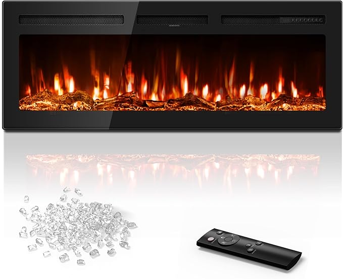 50 inch Electric Fireplace in-Wall Recessed and Wall Mounted with Remote Control, 1500/750W Fireplace Heater (60-99°F Thermostat) with 12 Adjustable Color, Timer, Log and Crystal