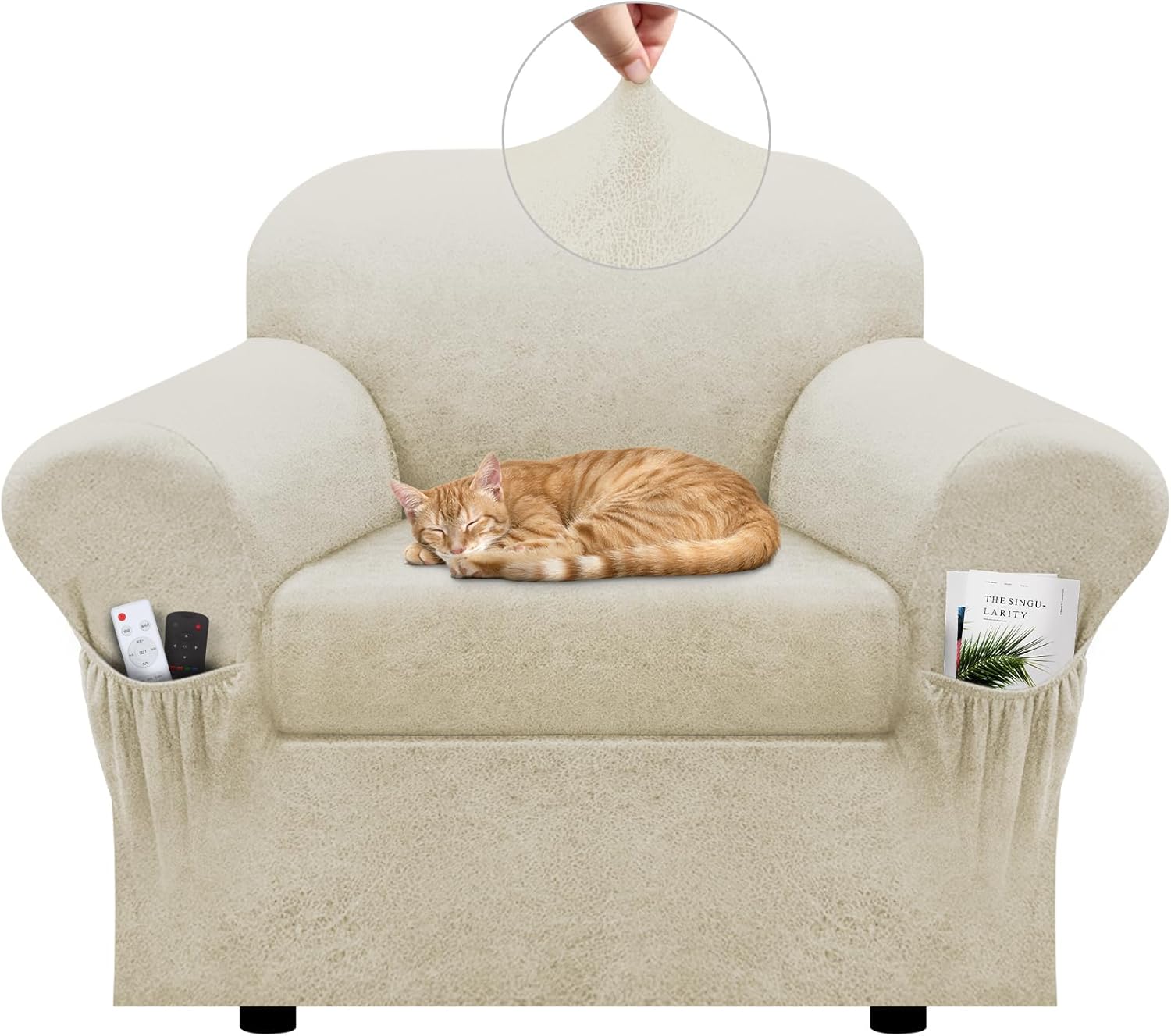 Chair Slipcover with Armrest Pockets 2-Piece Set, Stretch Faux Leather Chair Cover for Armchairs(Fits 31-45") - Non-Slip, Machine Washable, Pet & Kid Friendly - Beige