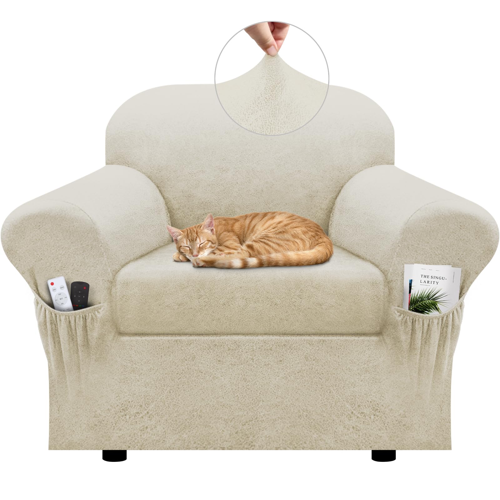 Photo 1 of Pfrstuv Chair Slipcover with Armrest Pockets 2-Piece Set, Stretch Faux Leather Chair Cover for Armchairs(Fits 31-45") - Non-Slip, Machine Washable, Pet & Kid Friendly - Beige
