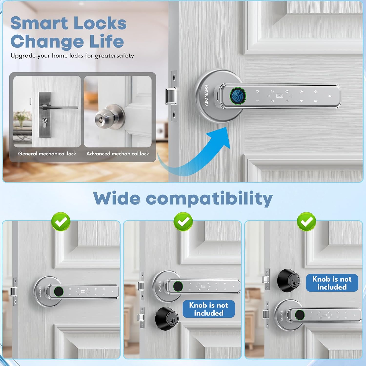 Fingerprint Door Lock, Door Locks for Bedroom, Keyless Entry Door Knob with Handle,Generate Passcode Remotely-Smart Door Lock for Apartment, Office (Silver 01) thumbnail