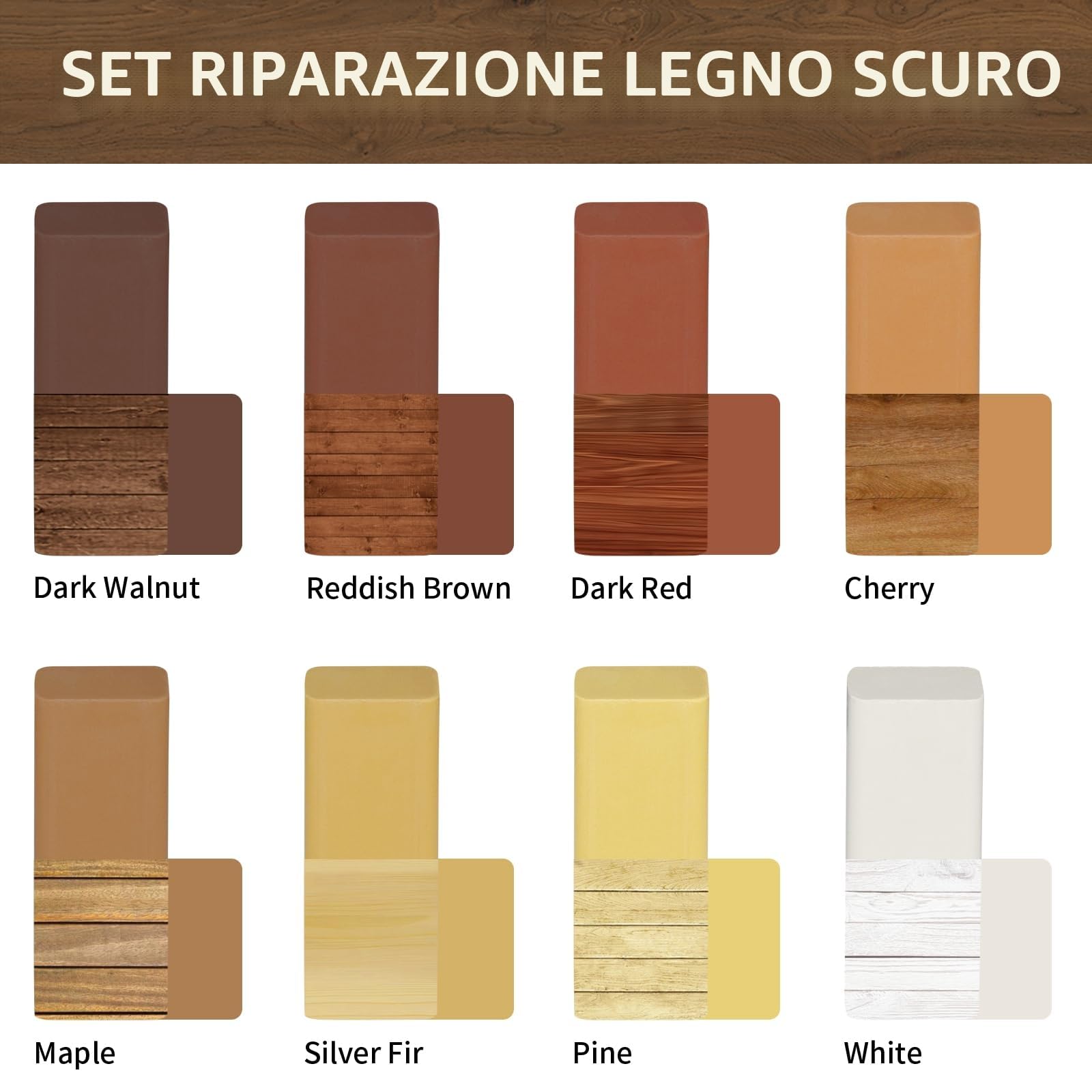 8 Colori Stucco per Legno con Tonalità Marroni Comuni del legno, Cera per Legno ad Alta Durezza e Resistenza, Stucco per Legno Riempitivo per Laminato, Marmo, Piastrelle, PVC, Mobili