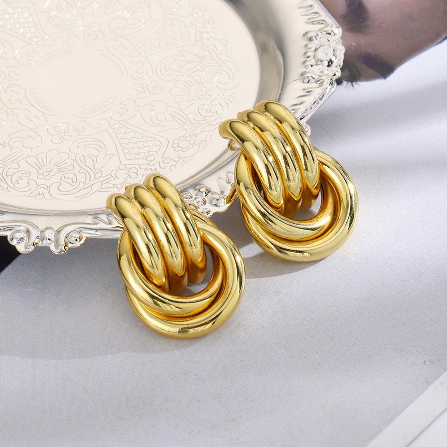 Chunky Geometric Knot Earrings for Women 14K Gold Plated Dangle Drop Trendy Jewelry Gift - Image 4