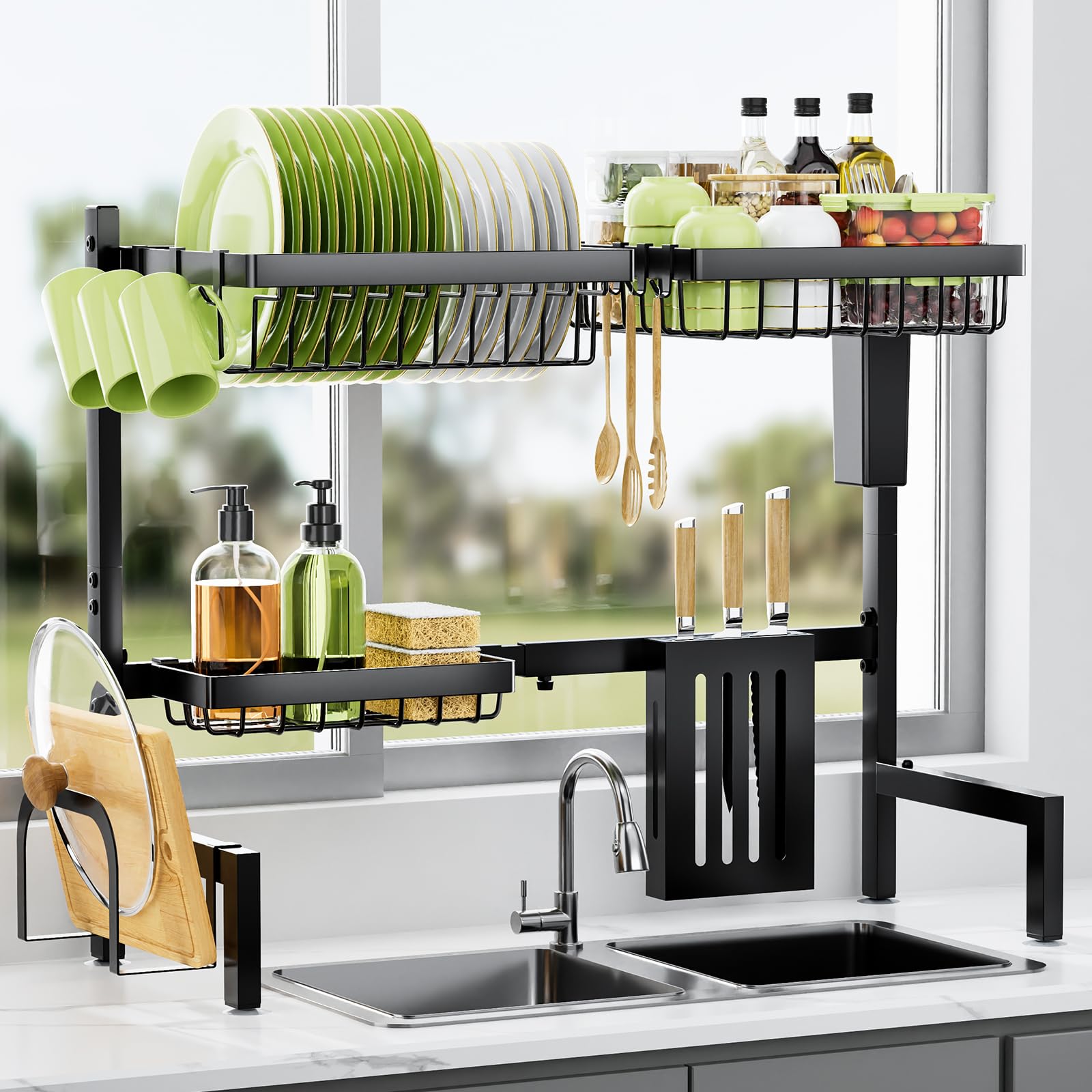 Kitsure Over The Sink Dish Drying Rack - 30.0" to 33.9"x21.5", Adjustable Sink Drying Rack for Kitchen Sink with Large Capacity, 2-Tier Dish Rack Over Sink with Multifunctional Baskets, Black