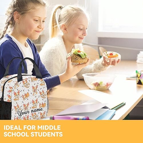 Miniatura 8 de Lonchera Corgi personalizada para niños, lonchera aislada para niñas y niños, lindas bolsas de almuerzo blancas reutilizables, pequeña con
