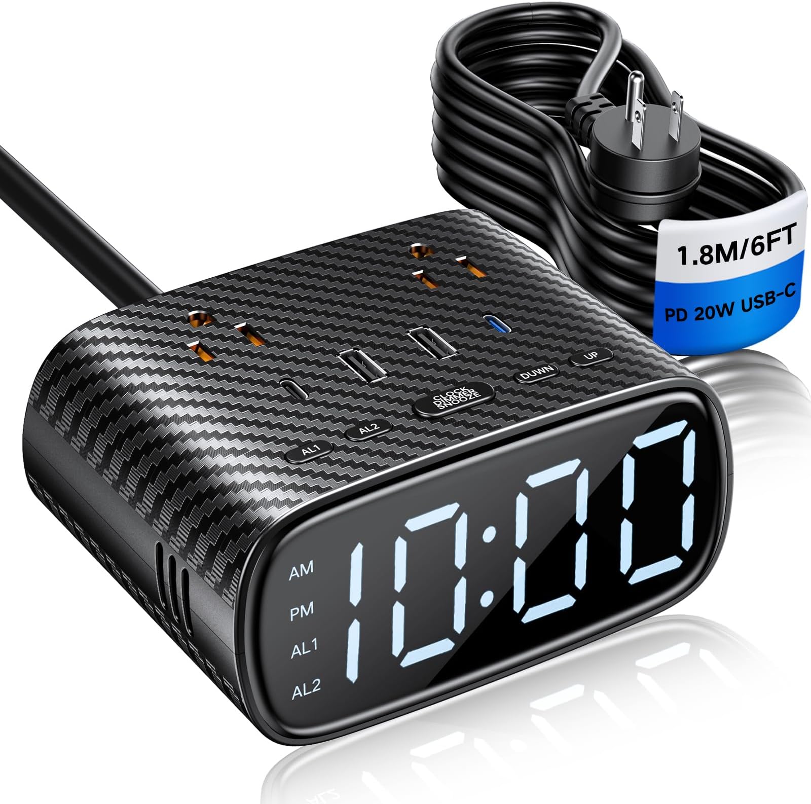 Alarm Clock with 2 USBC, 2 USBA Chargers Power Strip 2