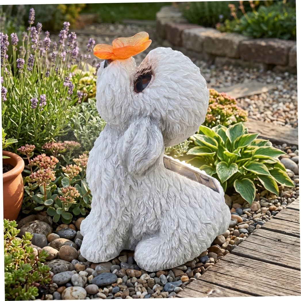 Faticenic Dog Statues Outdoor, Solar Garden Statue, White Teddy Dog Figurine With Butterfly Led Light - Outdoor Yard & Patio Decor, Solar Garden Statues, Décor