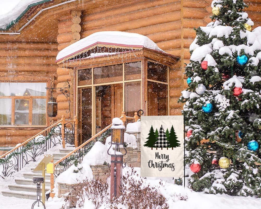BLKWHT Christmas Garden Flag 12.5 x 18 Vertical Double Sided Winter Buffalo Tree Outdoor Decorations Burlap Small Yard Flag S1026