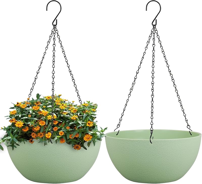 WSMKSZ Macetas colgantes de 10.0 in para plantas de interior al aire libre con agujeros de drenaje y cadena, paquete de 2 macetas redondas colgantes para decoración de jardín, hogar, porche, color verde