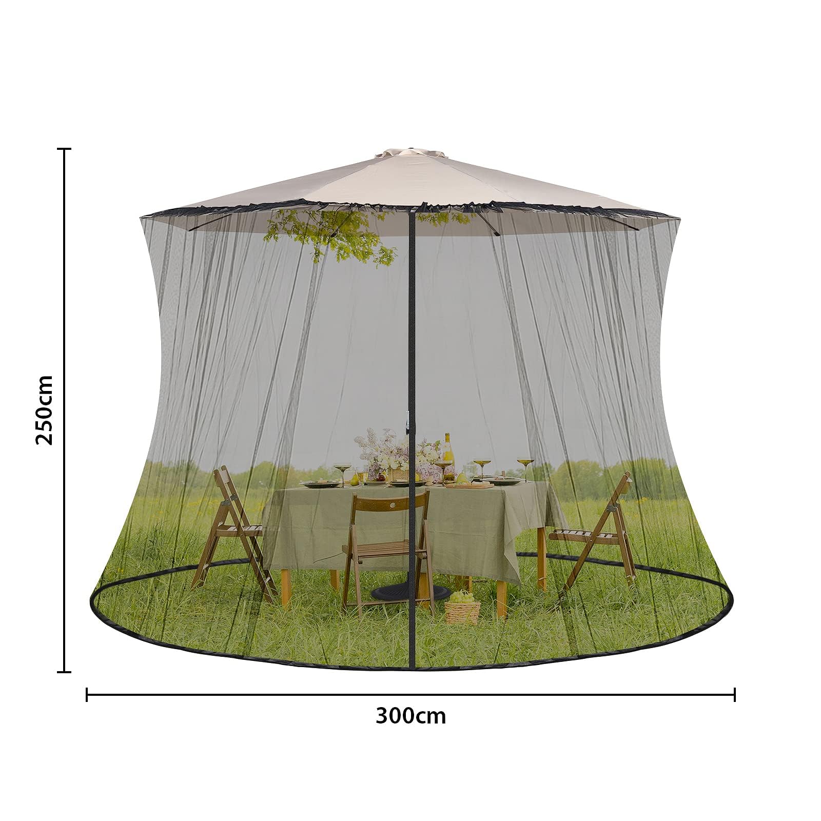 Sekey Mosquitera Ajustable para Sombrilla de 250-300 cm Patio, con Puerta Doble, 2,5 m de Altura, Negra