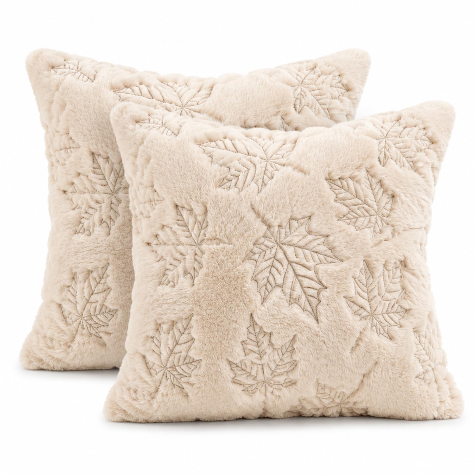 LOHDALOLF Autumn Leaf Cushion Covers 45 x 45 cm Pack of 2, Embroidered Faux Fur Fall Cushion Cases Thanksgiving Scatter Cushions for Harvest Farmhouse Decor, Ivory