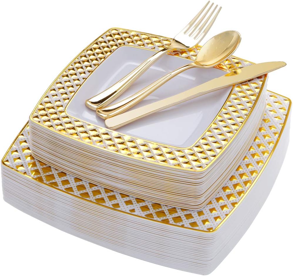 WDF 125PCS Gold Plastic Plates with Disposable Silverware,Diamond Square Plastic Tableware include 25 Dinner Plates,25 Salad Plates,25 Forks, 25 Knives, 25 Spoons