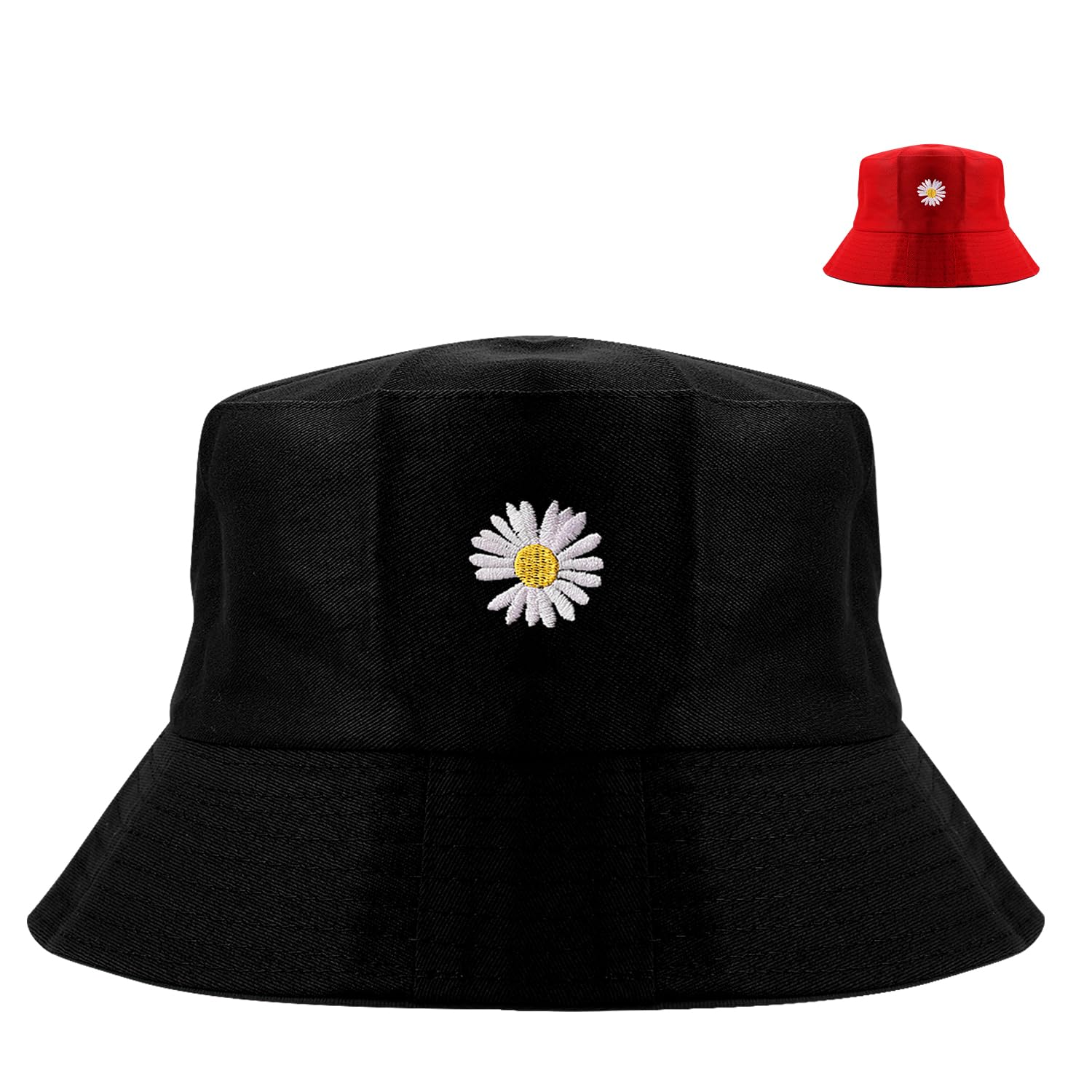 Vanyibro Double Side Wear Bucket Hat,Packable Sailor Fisherman Cap for Fishing, Golf, Camping, Travel,Wide Brim Sun Protection Headwear(Black and Red Chrysanthemum)
