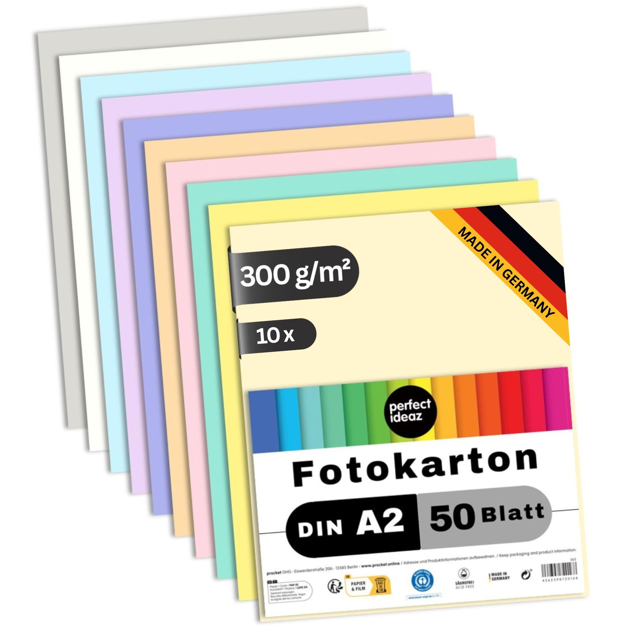 perfect ideaz 50 hojas de cartón fotográfico DIN A2, 10 colores, cartón reciclado estable de 300 g/m², fabricado en Alemania, certificado Blauer Engel