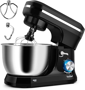 VonShef Black Stand Mixer 1000W - Electric Stand Mixers for Baking, 8 Speed Standing Food Mixer with Splash Guard, 4.5L Stainless Steel Mixing Bowl, Beater, Dough Hook & Balloon Whisk