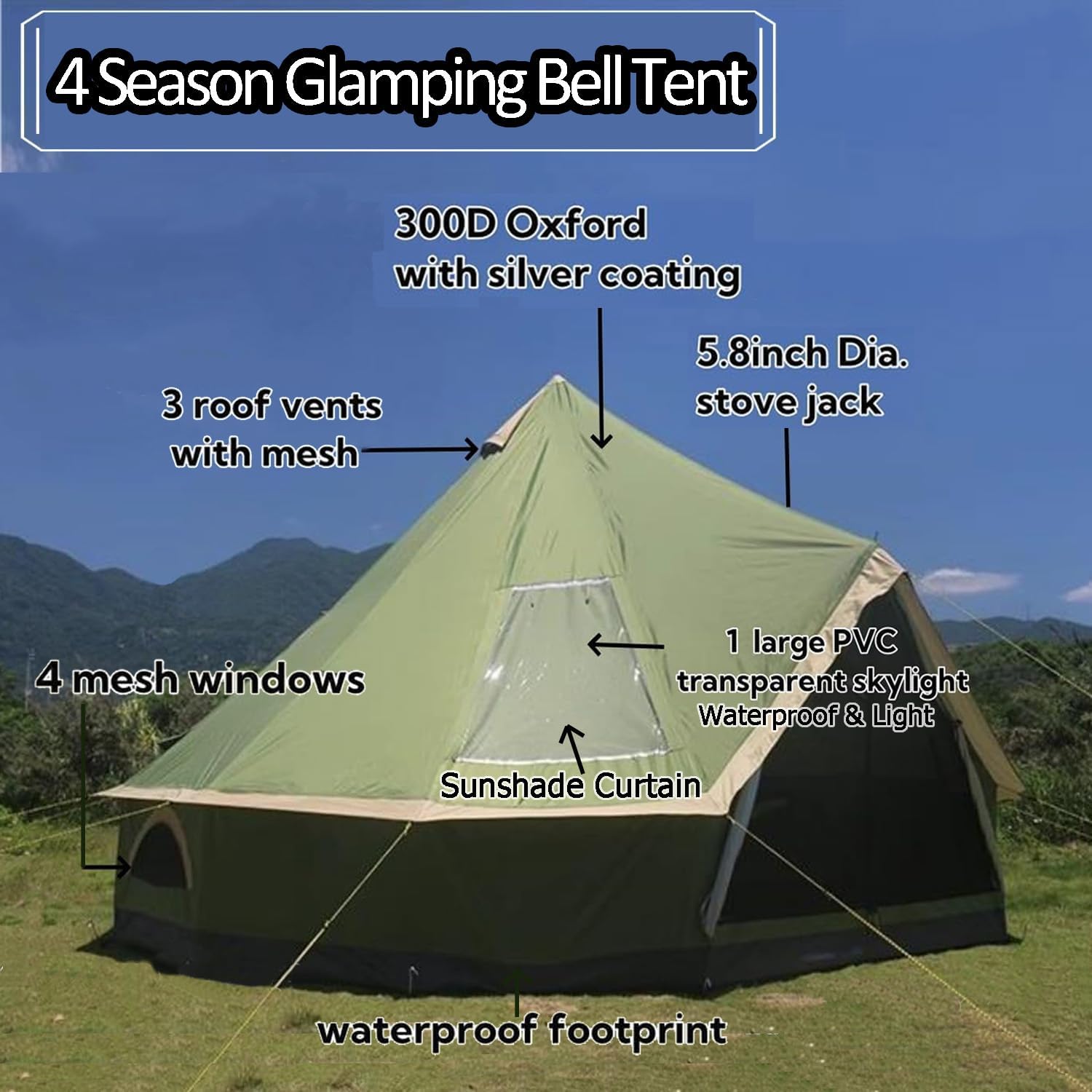 Backpacking Bell Tent with Top Stove Jack for All Year Living, 300D Oxford Waterproof Yurt Tents House for Camping Glamping, Parties, Outdoor Events-13/16.4FT