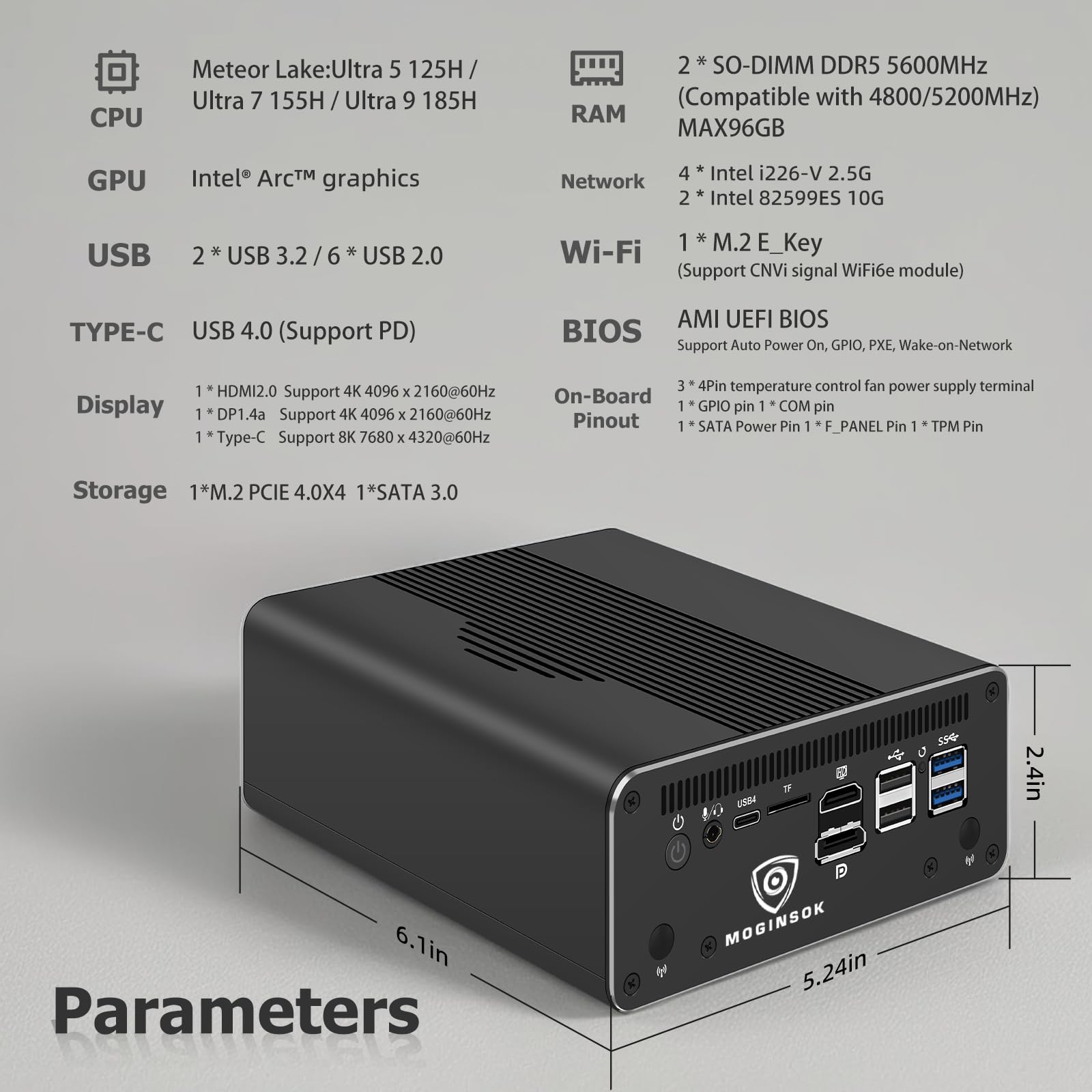 MGNAS14 Micro Firewall Appliance 10Gbe Router con Intel 14th Gen Core Ultra 7 155H, AI MINI PC con 2x10Gbe SFP+ 96G DDR5 RAM 4TB M.2 PCIe SSD USB4 Support Pfsense|OPNsense|Openwrt|Windows
