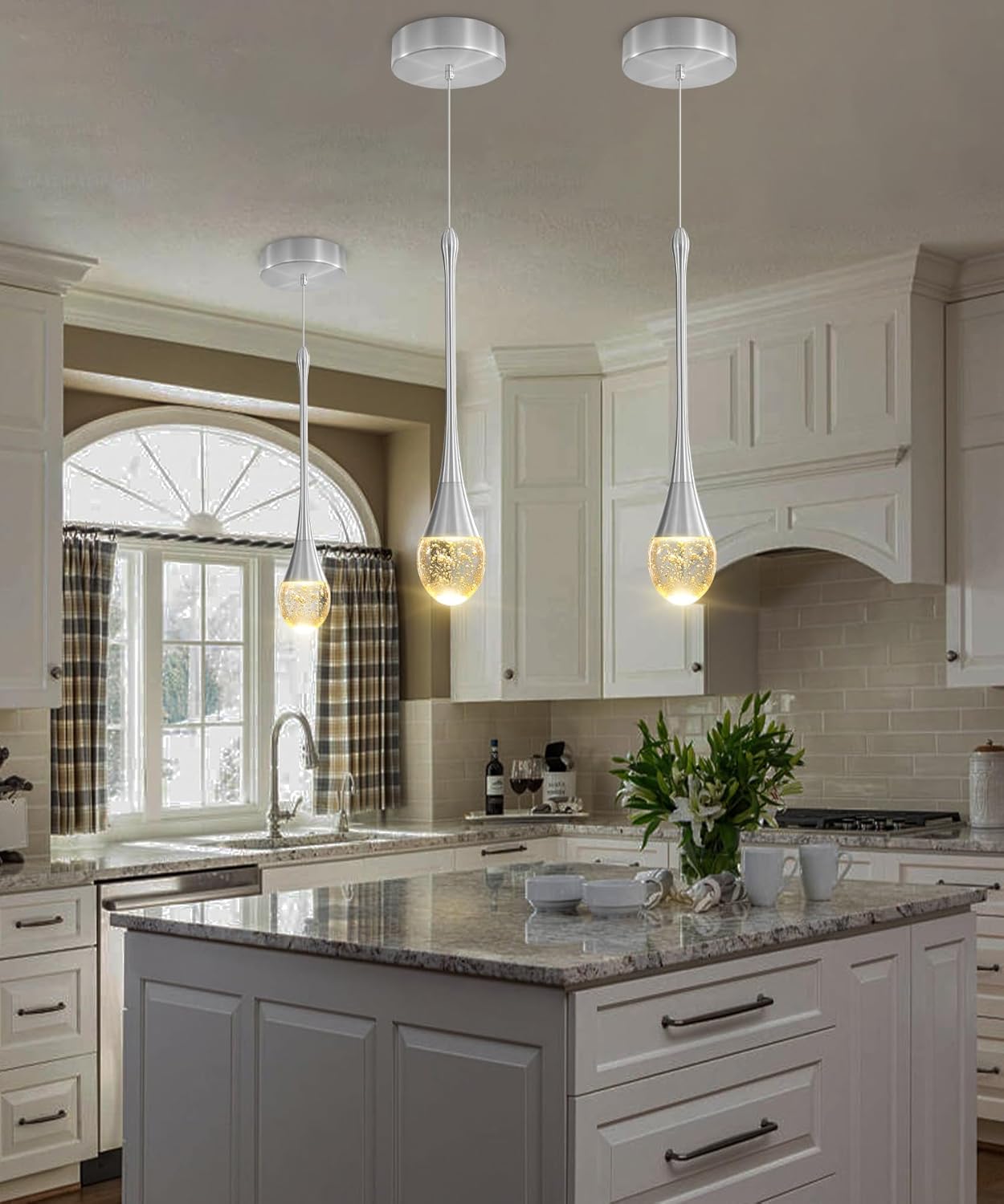 Modern Pendant Lights for Kitchen Island Silver Raindrop Crystal Hanging Light Fxitures Mini Pendant Light Fixture for Dining Room Bar Bedroom （3pack）