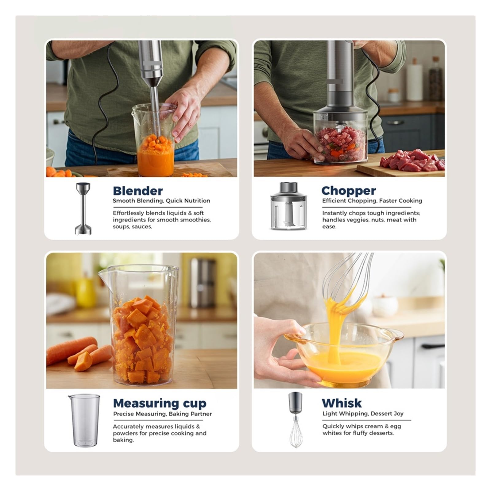 Blender Ręczny 4 W 1, 1000 W, Mocny, Ze Stali Nierdzewnej, Mikser Ręczny Do Żywności, Pojemnik Do Mieszania 700 Ml, Procesor 500 Ml, Trzepaczka łAtwy W UżYciu(R-PHB8001)