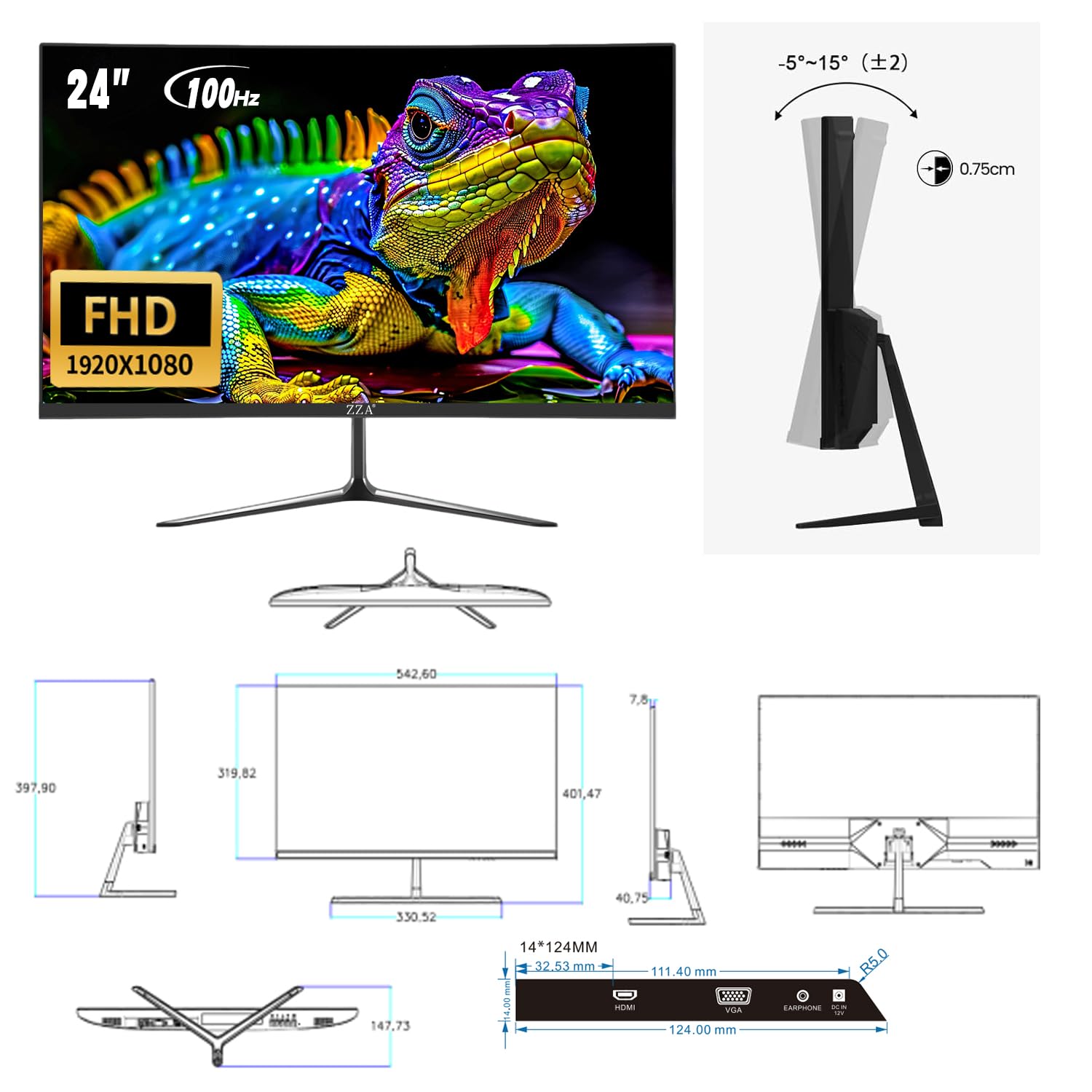 ZZA 24 Inch Monitor100HZ,1080p,Gaming Monitor Curved 2800R,VA 120% sRGB,FreeSync,Frameless Full on Three Sides Blue Light Filter,HDMI & VGA Ports,Computer Monitor for Home Office and Dormitory