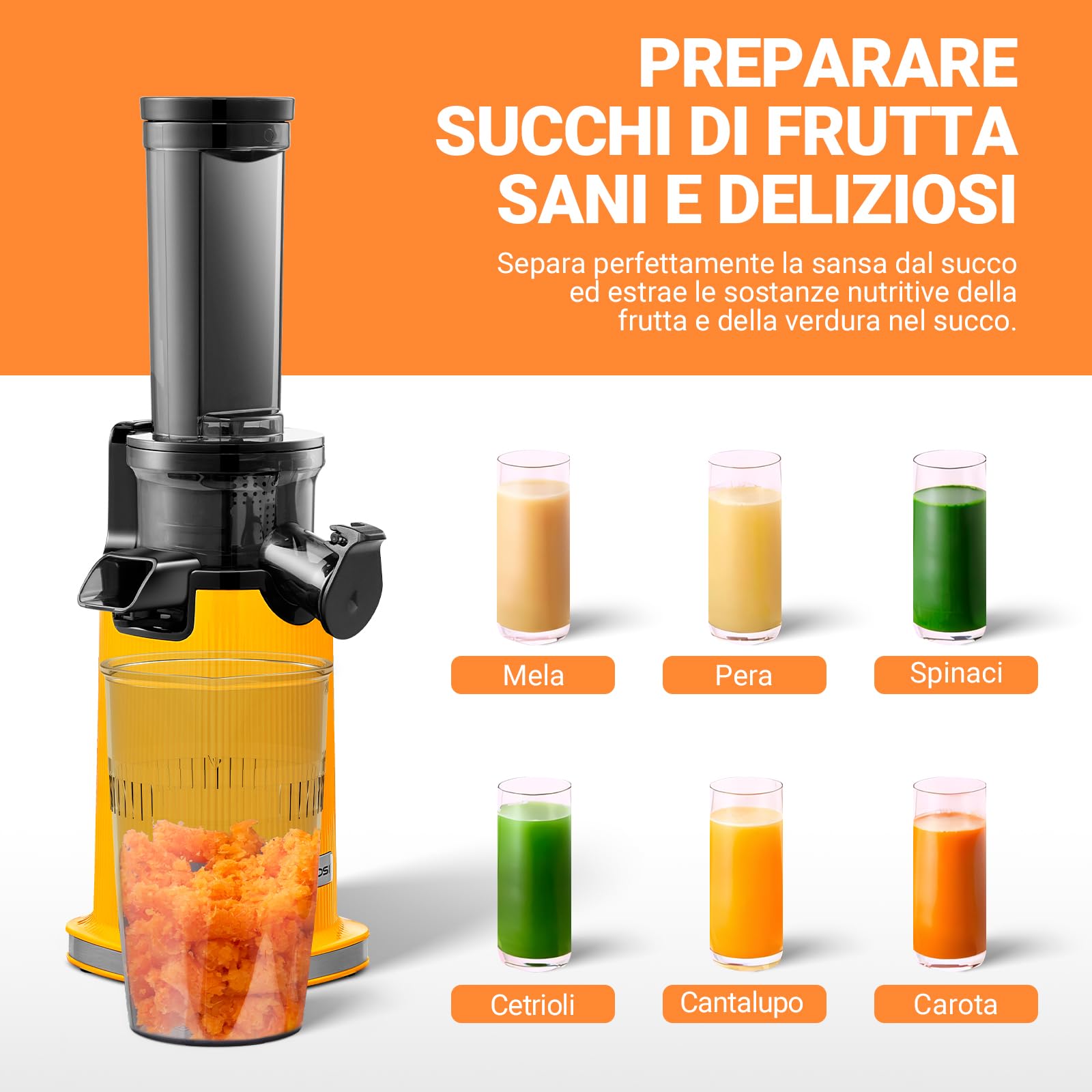 Estrattore frutta e verdura AOBOSI-Mini estrattore con funzione di masticazione inversa -estrattore di succo con spazzola e 2 tazze -150W estrattore a freddo - Spremiagrumi elettrico-Giallo.