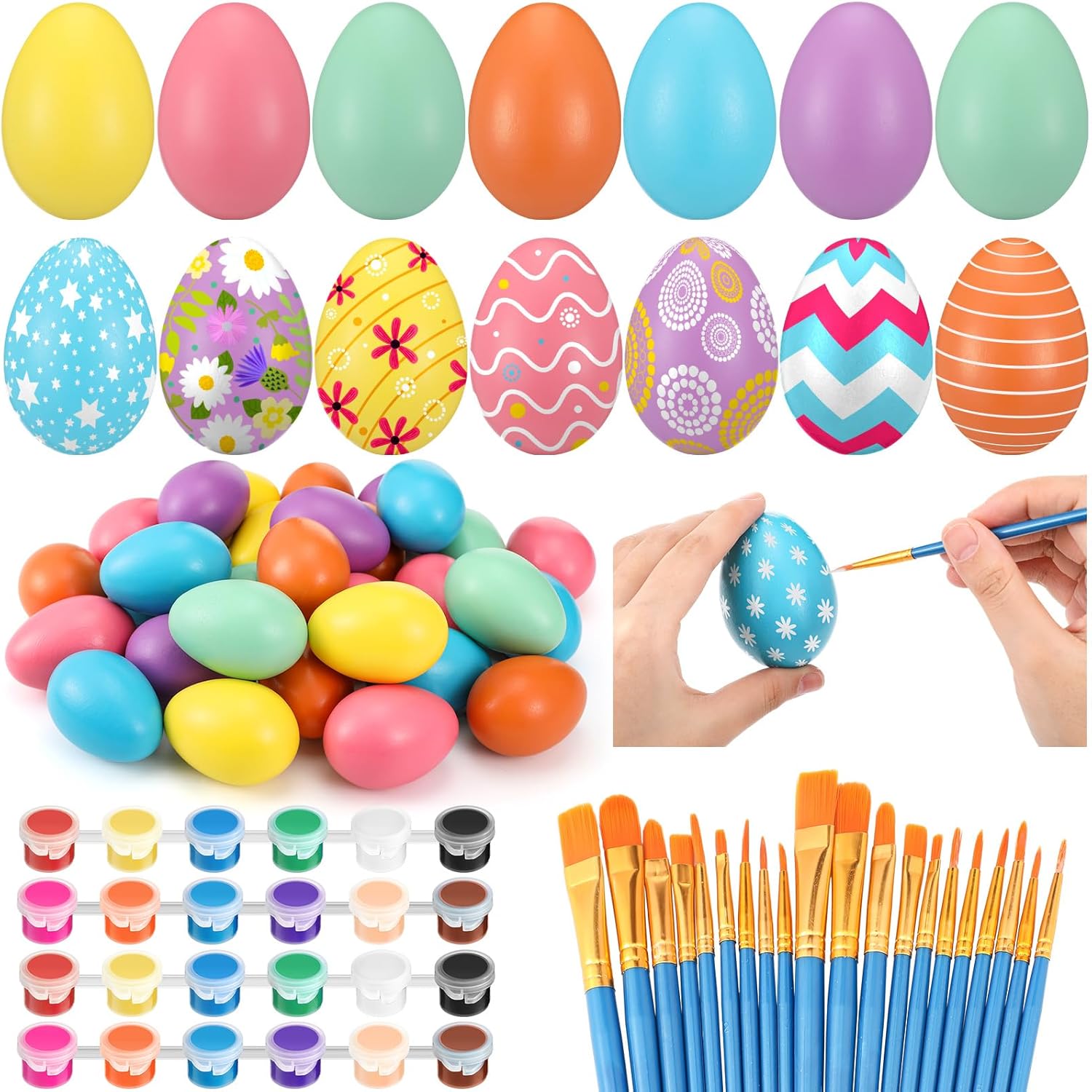 Shihanee 48 Pcs Easter Wooden Eggs for Crafts 2.36" Wood Eggs to Paint Fake Egg with Paints Palette Set DIY Paint Your Own Egg for DIY Easter Gifts Basket Stuffers Party Favor