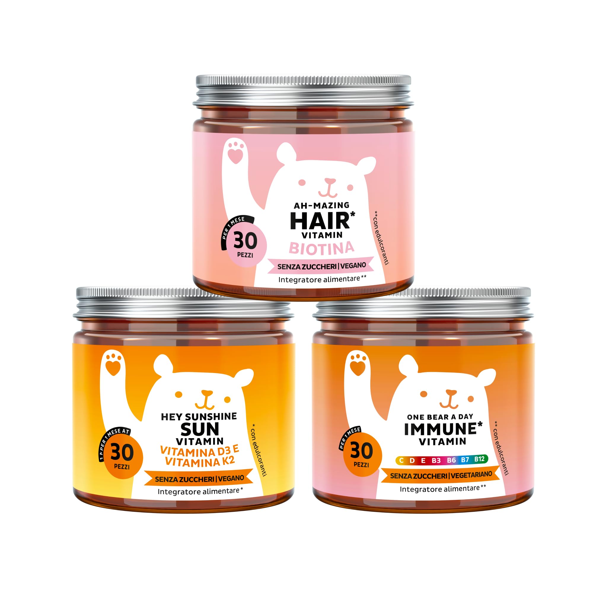 Bears with Benefits - Pack Trio Benessere Capelli & Immunità - 3x30 pezzi | Pack Trio Biotina, Complesso Multivitaminico & Vitamine D3 K2 - Senza Zuccheri