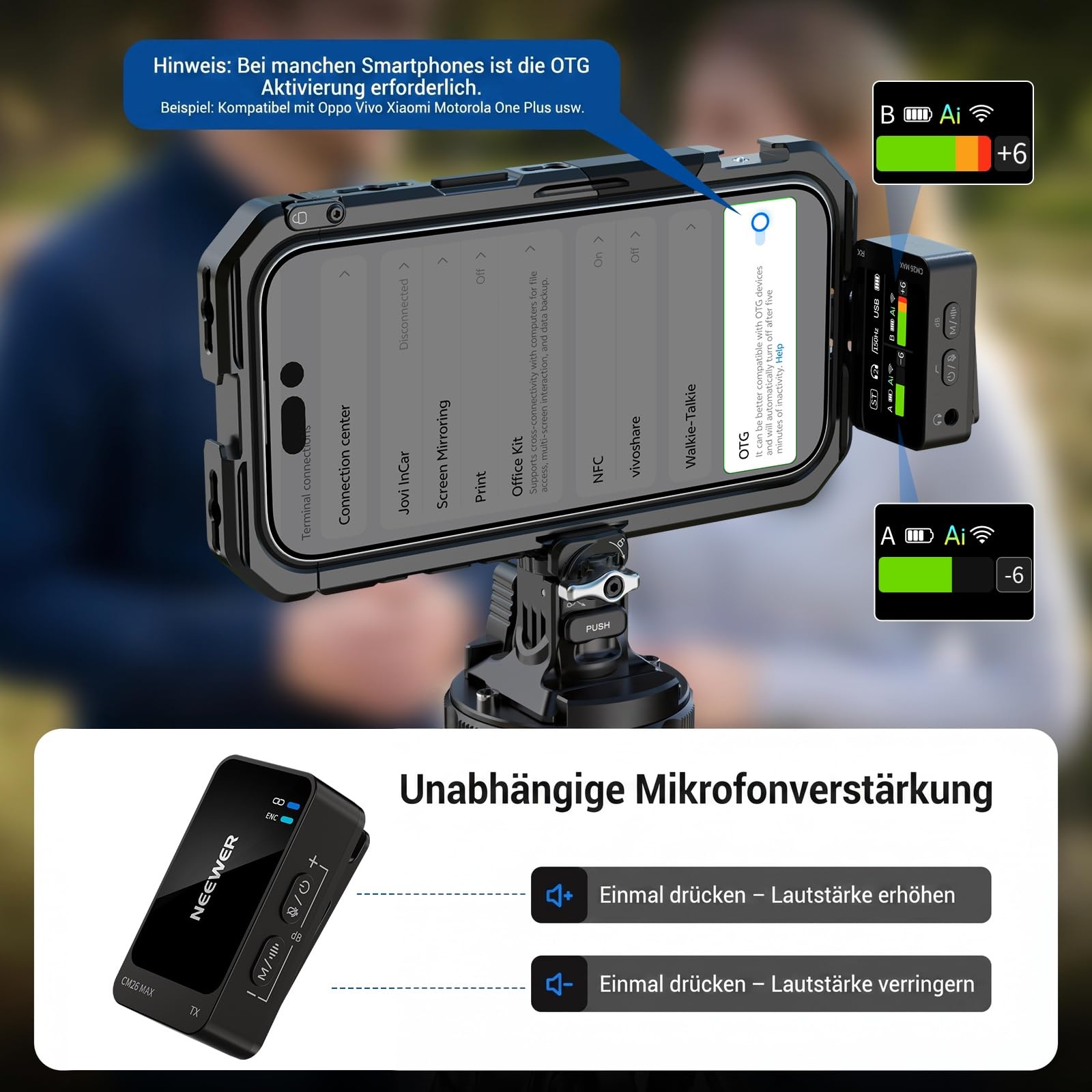 NEEWER CM26 MAX AI kabelloses Lavalier Mikrofon kompatibel mit iPhone 17 16 15 Android Kamera PC, USB C Plug & Play, APP Steuerung, 50 Std. Gesamtakkulaufzeit, 120m Reichweite, Apple MFi Zertifiziert