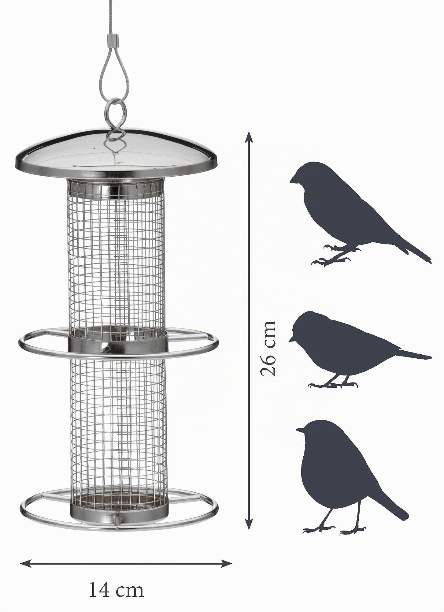 dobar® 10041 Vogelfuttersäule mit Edelstahlschlaufe - Futterstation für Wildvögel - Vogelfutterspender mit Netz für Nüsse -Futterspender aus Stahl für Garten/Terrasse/Balkon - Ø 14 cm x 26 cm - Silber