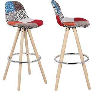 eSituro 2 x Sgabelli Patchwork da Bar o da Cucina in Lino Coppia Sgabelli Alti Moderni con Schienale e Poggiapiedi Struttura in Legno SBST0217