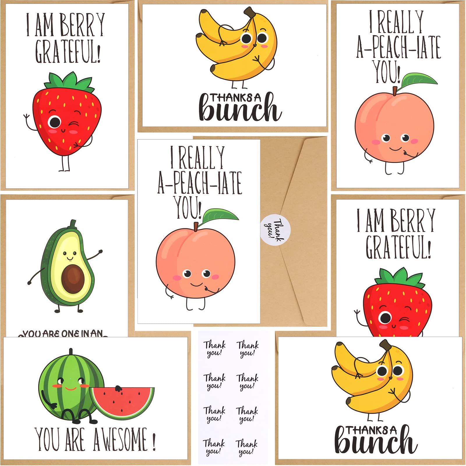 Amazon.com : 80 Pieces Funny Thank You Cards Set 4 x 6 Inches Punny Puns  Greeting Note Cards with 80 Envelopes and 80 Stickers Fun Notecards Cartoon  Fruit Greeting Cards for Employee Recognition, Appreciation : Office  Products