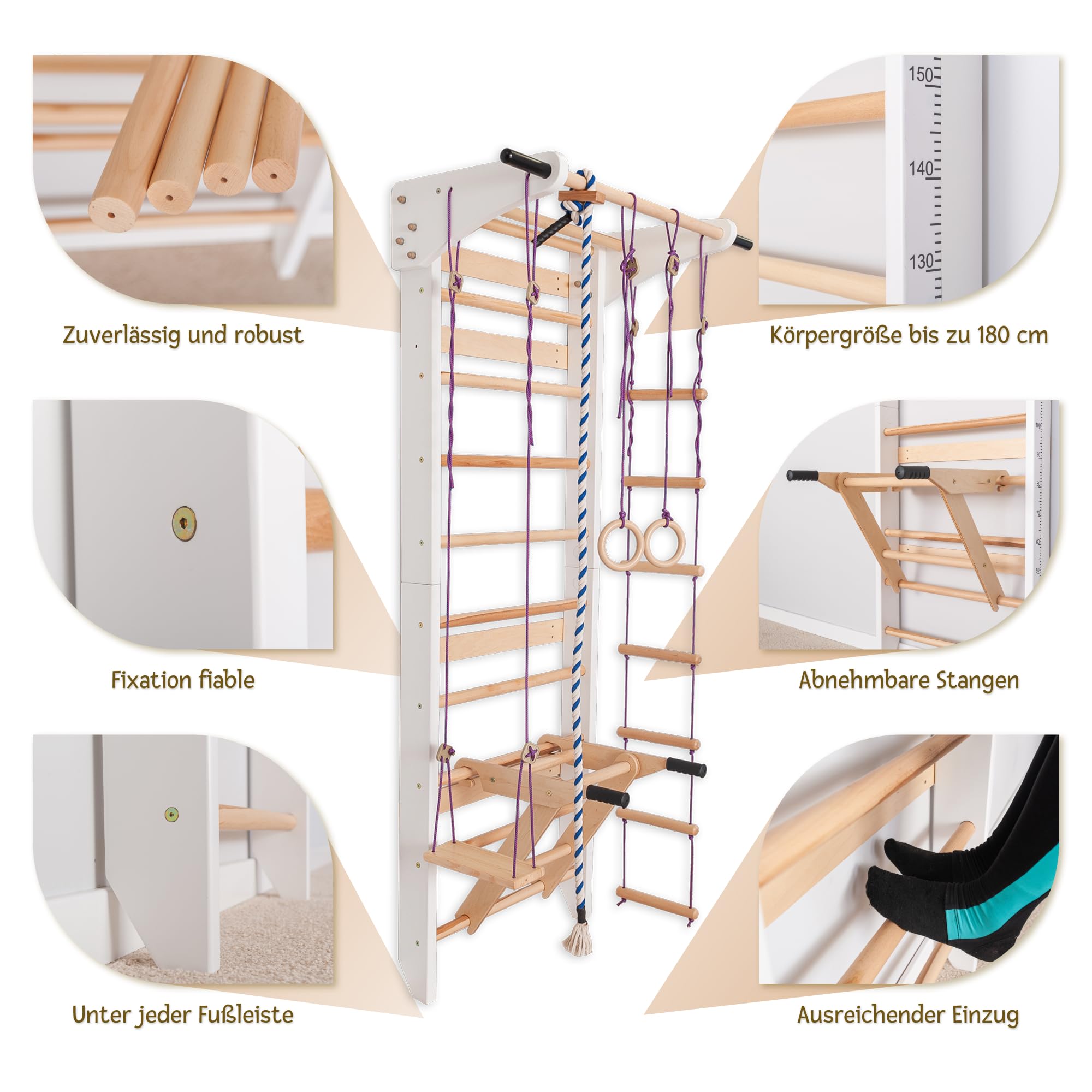 Sprossenwand Holz mit Zubehör (Ringe, Seil, Schaukel) - Indoor Klettergerüst für Kinder & Erwachsene - Turnwand massiv bis 150kg - Kletterwand für das Kinderzimmer (Weiß)