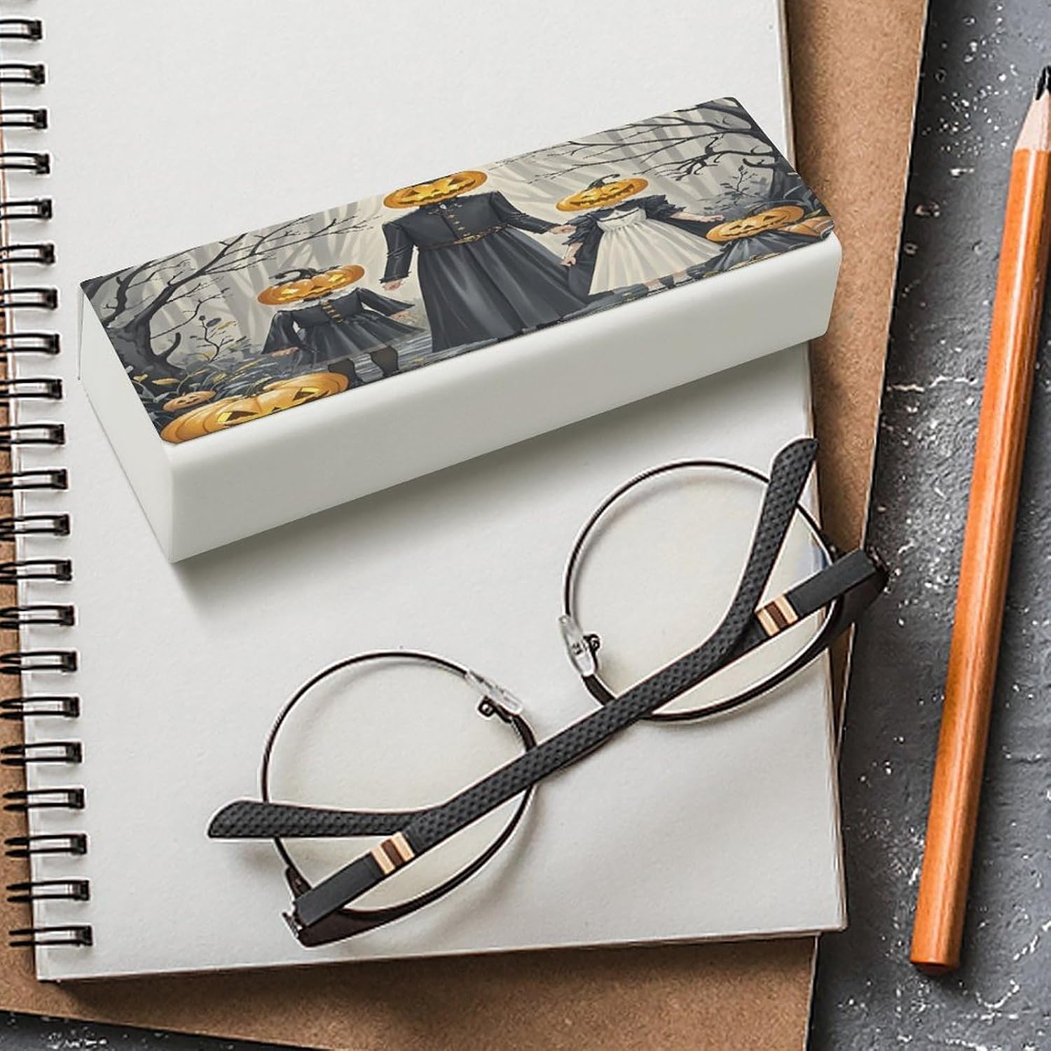 Pumpkin Head Family Glasses Case Fashion Portable Hard Shell Eyeglasses Case Travel Sunglasses Case with Cleaning Cloth Premium PU Leather Eyeglass Holder for Women Men image 4