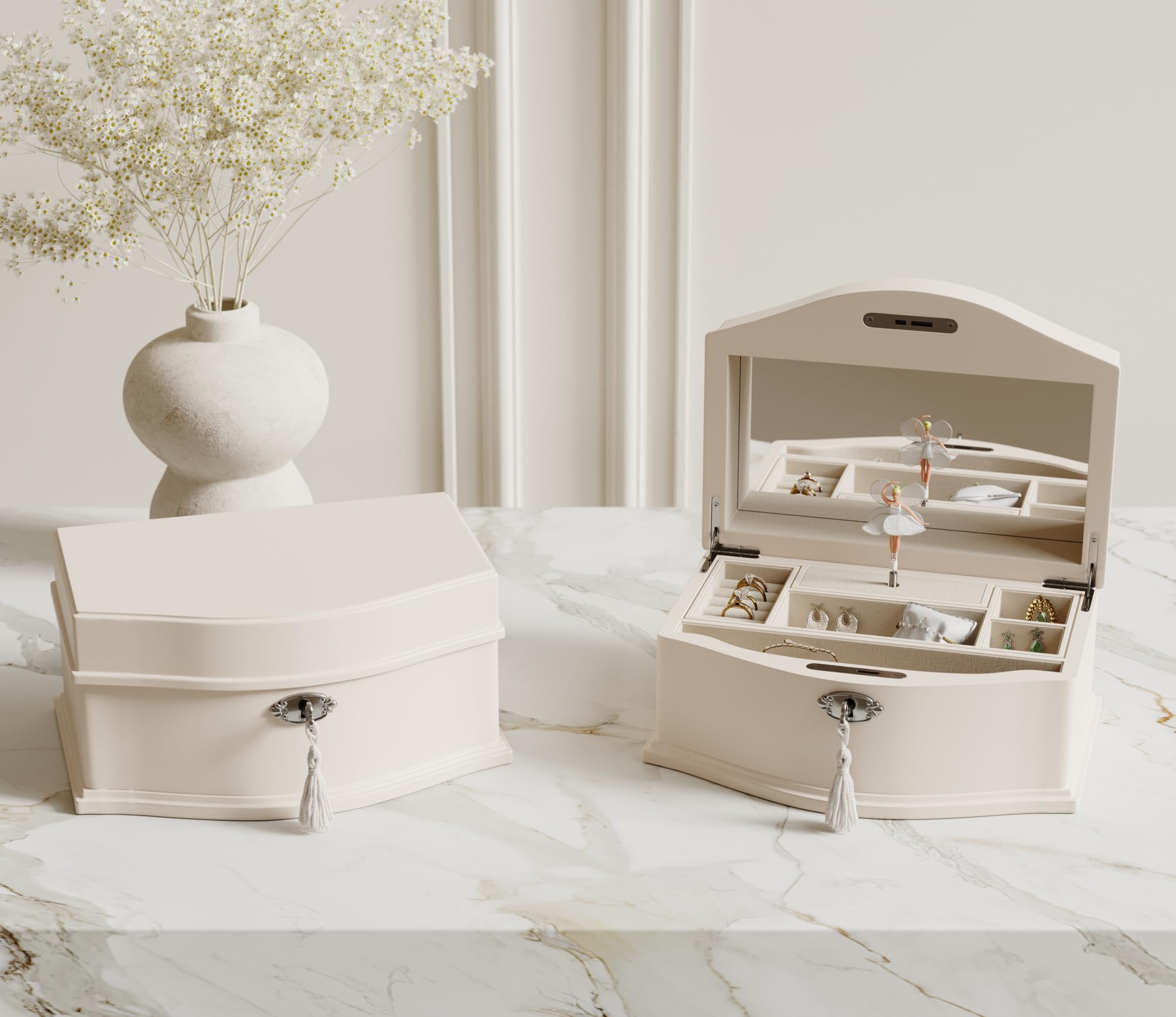 Wooden Musical Jewelry Box With Mirror & Lock - Ballerina Music Box Gift For Girls