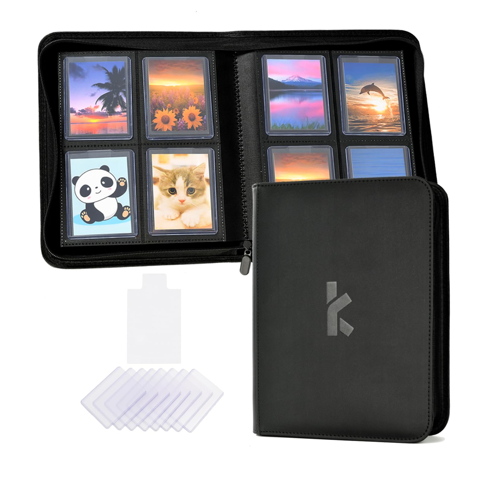 Top Loader Binder, Holds 128 Top Loaders, 4 Pocket Toploader Binders for 3" x 4" Toploaders (Include 8 Top Loaders and 50 Tabbed Card Sleeves), Compatible for TCG, MTG, Sports Cards (Black)