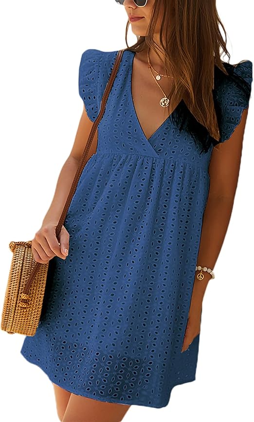 Damen Casual V-Ausschnitt Rüschen Kleid Fly Sleeve aushöhlen hohe Taille  A-Linie Swing-Kleid Abendgesellschaft Kleider : Amazon.de: Clothing