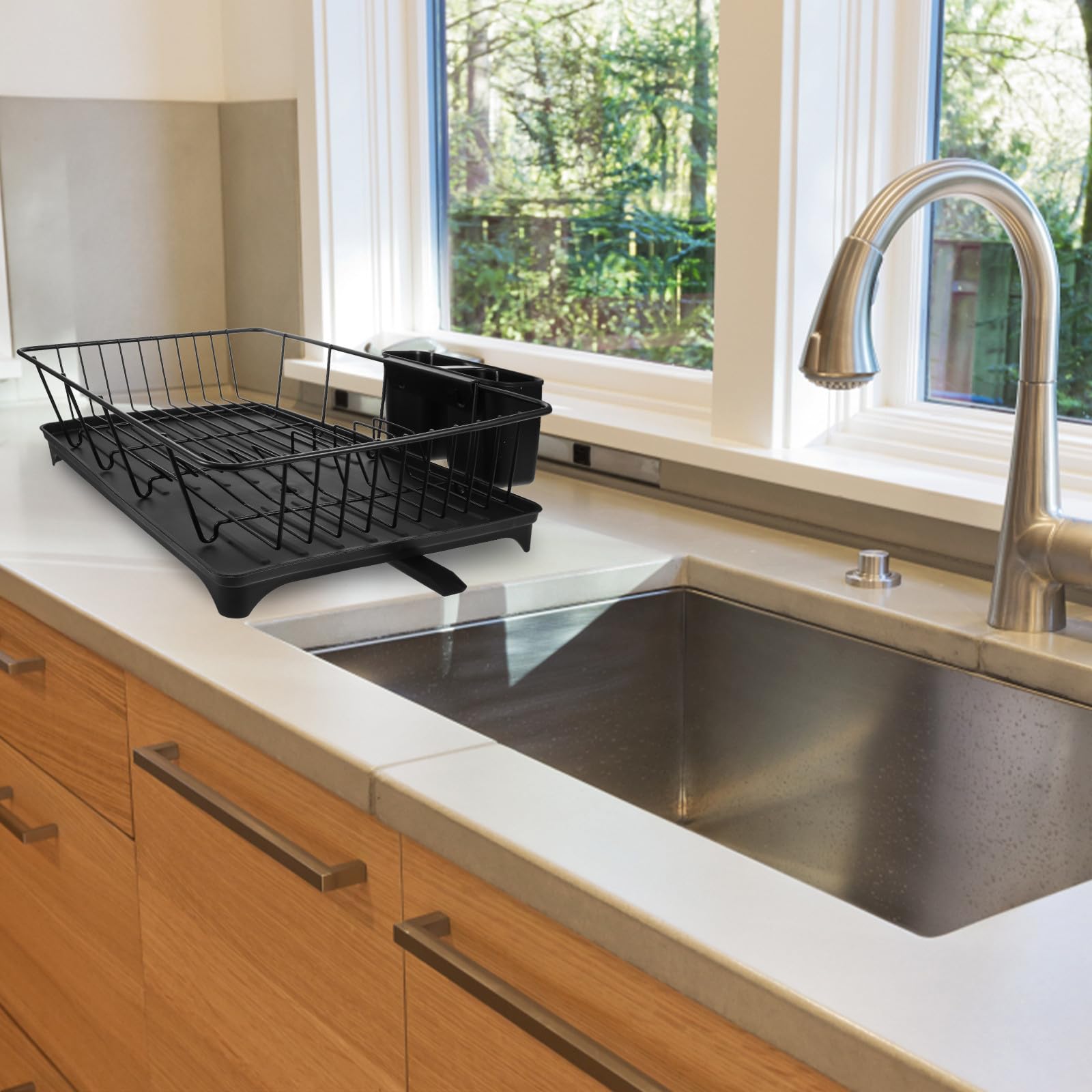 PATKAW Escurridor Drenaje Automático de Gran Capacidad Soporte Platos de Negro para y para Mantener Seca y Organizada Cubiertos en Encimera Cocina