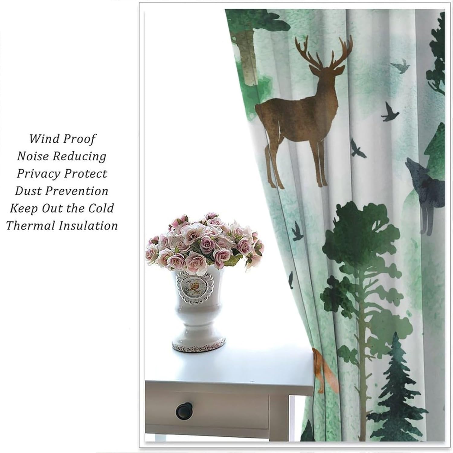 Rustic Forest Animal Blackout Window Curtains, Retro Bear Deer Forest Woodland Farmhouse Window Drapes, for Living Room Bedroom 42" W X 45" L