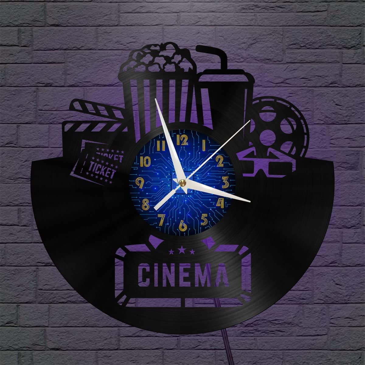 Horloge murale art noir en vinyle de 12" déco cinéma rétro pour chambre