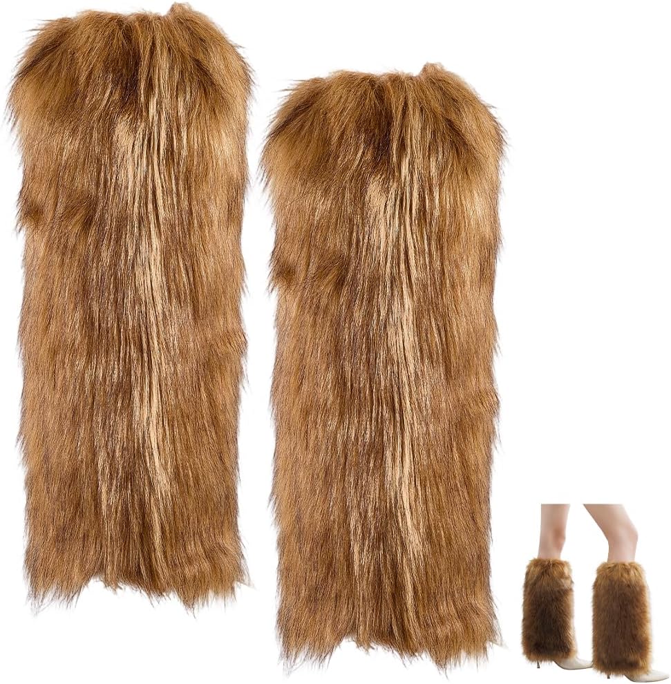 1 Pair Faux Fur Leg Warmers Brown Soft Fluffy Furry Leg Wrist Cuffs Winter Womens Fuzzy Warm Long Thick Boot Shoes Covers Socks Sleeves for Women Costumes Christmas Halloween Accessories