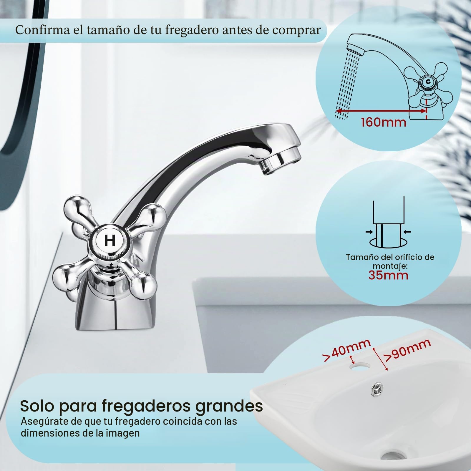Peppermint Grifo monomando para lavabo, grifo de lavabo cromado con cruceta monofónica tradicional victoriana de doble asa, grifo mezclador con Hoese estándar
