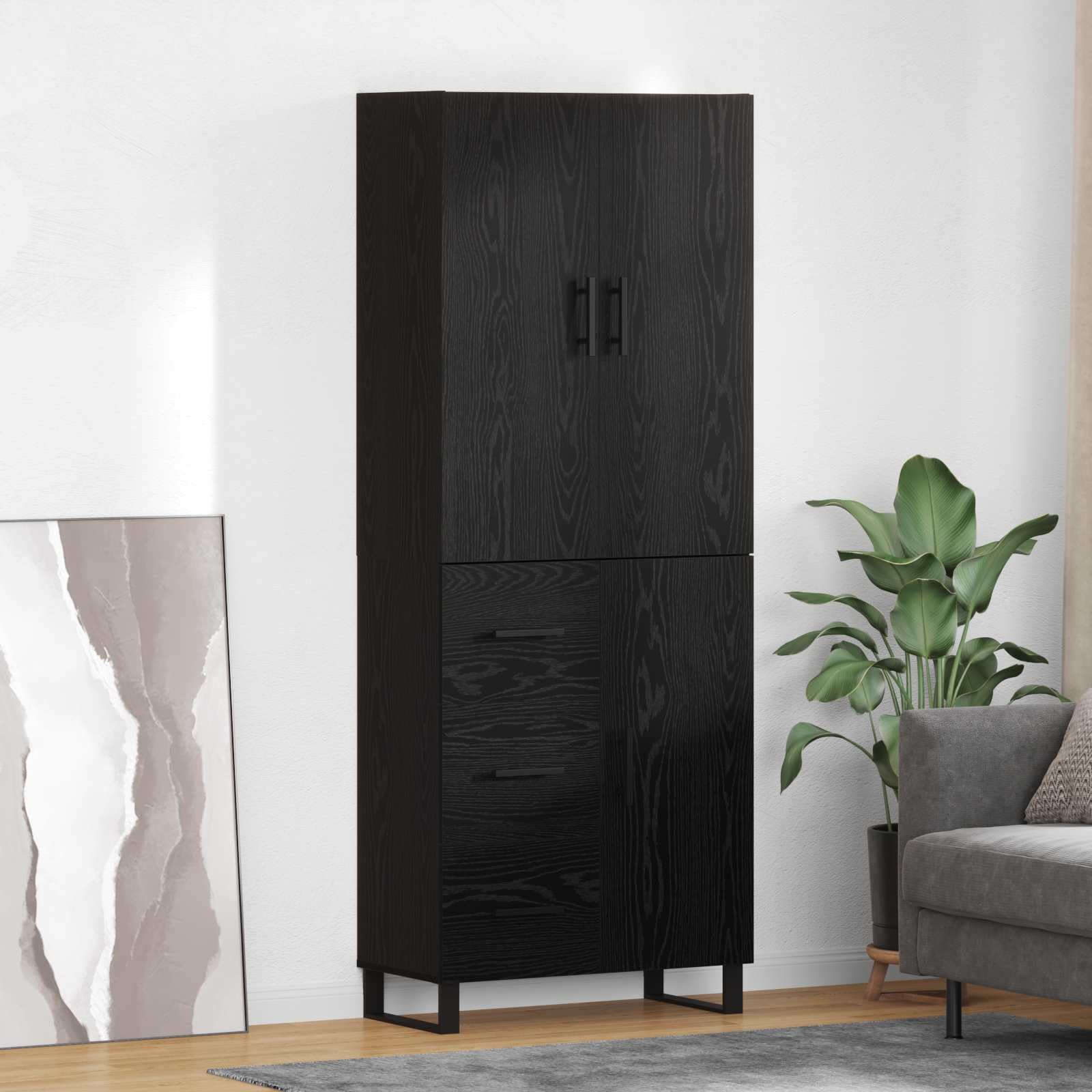 Mueble de salón negro moderno para organizar vajilla y comedor